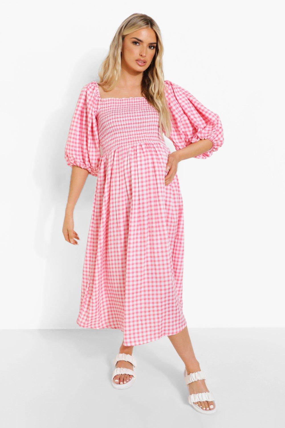 Pink gingham midi store dress